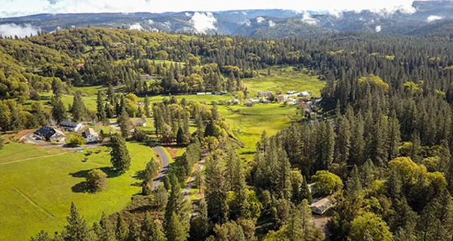 Aerial photo of The Expanding Light Retreat, Northern California Dining in the Piazza of The Expanding Light Retreat, Northern California