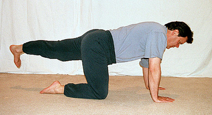 Student on hands and knees with one leg extended