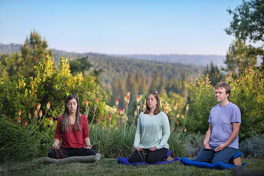 Three meditators at Gaia House Retreat, Northern California