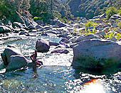 Spirng yoga retreat guest at the Yuba river