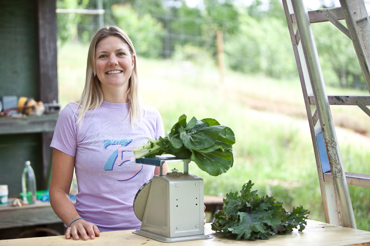 Cate weighing vegetables