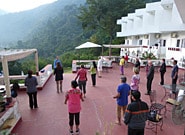 Pilgrims energizing on the terrace