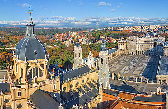 Almudena Cathedral looking over to Royal Palace Madrid-Spain
